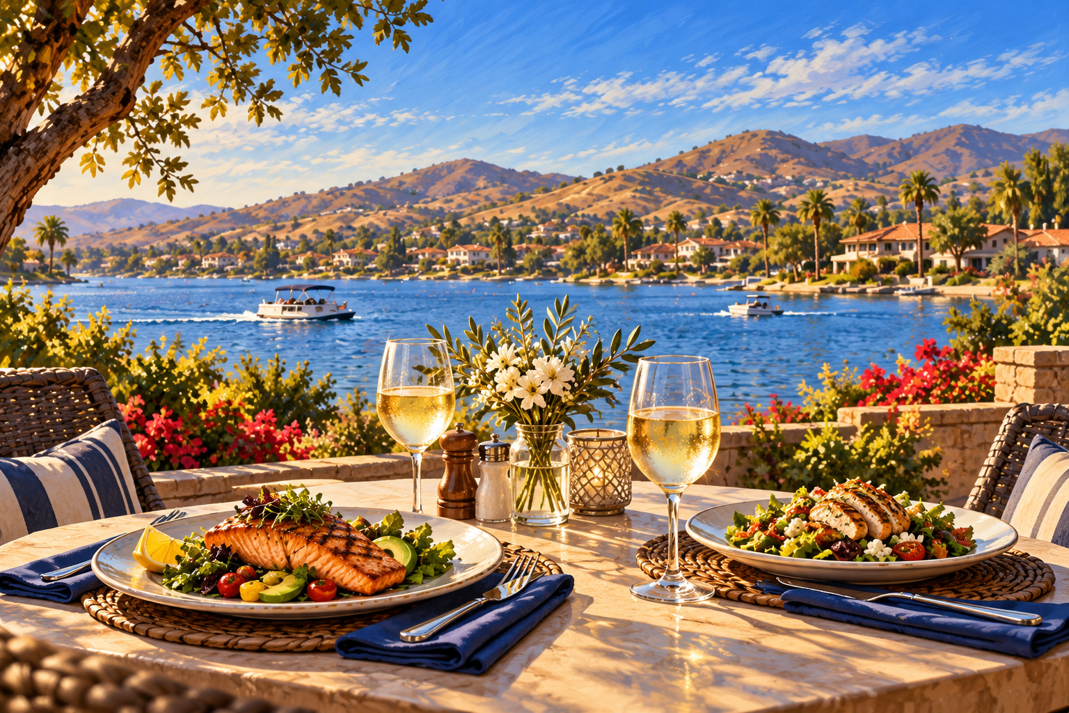 Original illustration of lakeside dining: a table overlooking a lake setting. It does not depict any listed restaurant.
