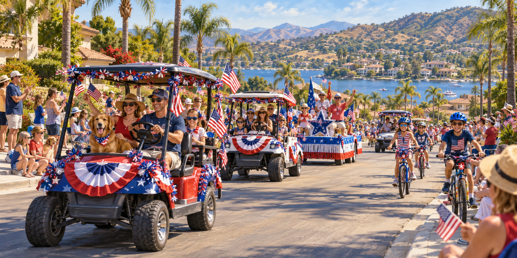 Original illustration of a Canyon Lake-style Fiesta Day parade with decorated golf carts, bicyclists and spectators on a lakeside street.