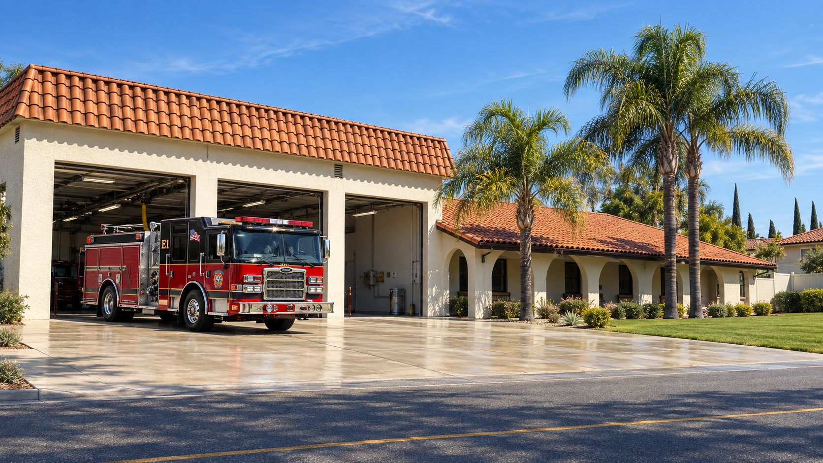 Realistic editorial illustration informed by photographs of Canyon Lake Fire Station 1 at 28730 Vacation Drive and the City’s Engine 1; the three apparatus bays, red-tile roof, arched office wing and red-and-black engine are visible. This is an illustration, not a current photograph.
