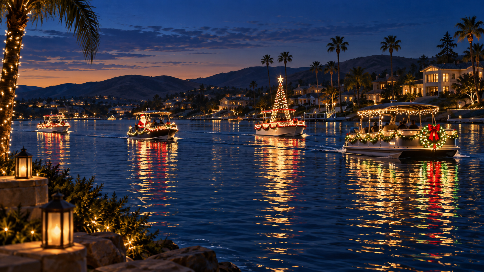 Original semi-realistic illustration of holiday-lit boats crossing a lake at dusk, with lights reflected in the water and waterfront homes beyond.