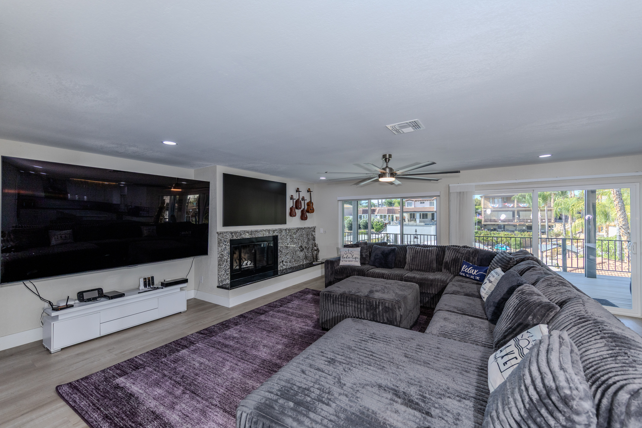 Family room with fireplace and wet bar